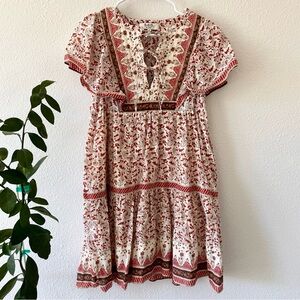sea ivette tiered printed cotton mini dress red beige boho #0007